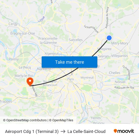 Aéroport Cdg 1 (Terminal 3) to La Celle-Saint-Cloud map