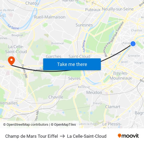 Champ de Mars Tour Eiffel to La Celle-Saint-Cloud map