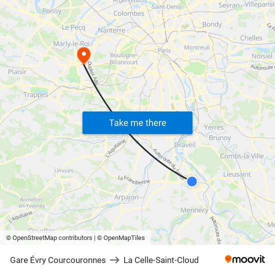 Gare Évry Courcouronnes to La Celle-Saint-Cloud map