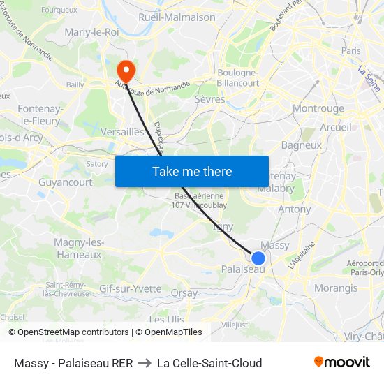 Massy - Palaiseau RER to La Celle-Saint-Cloud map