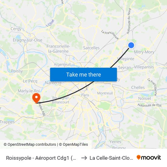 Roissypole - Aéroport Cdg1 (D1) to La Celle-Saint-Cloud map