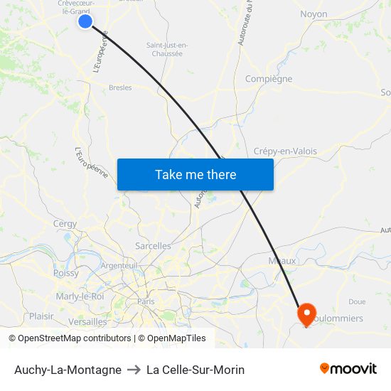 Auchy-La-Montagne to La Celle-Sur-Morin map