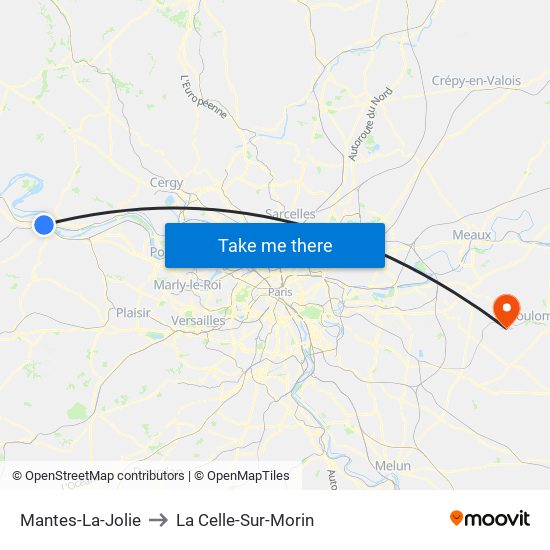 Mantes-La-Jolie to La Celle-Sur-Morin map