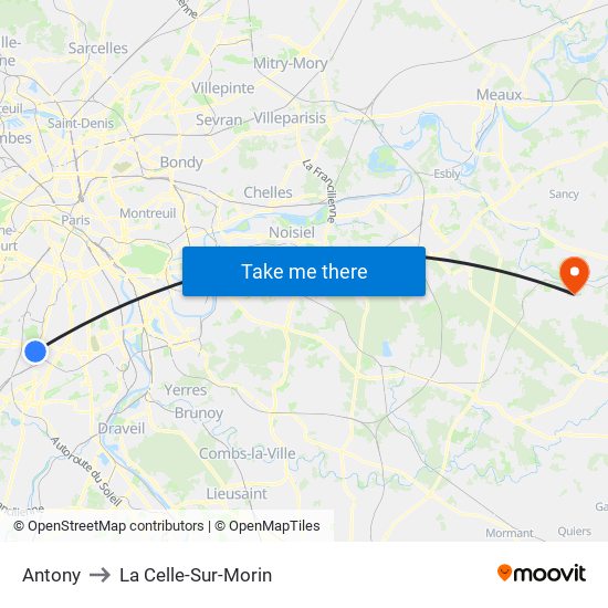 Antony to La Celle-Sur-Morin map