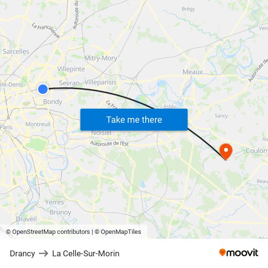 Drancy to La Celle-Sur-Morin map