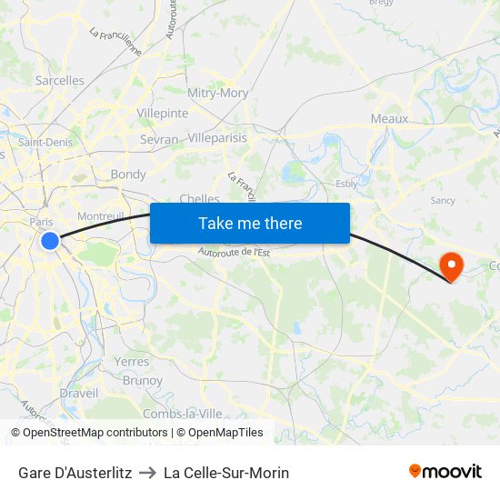 Gare D'Austerlitz to La Celle-Sur-Morin map