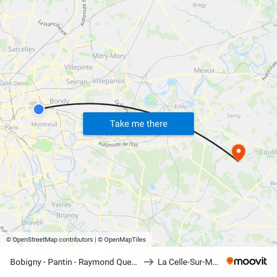Bobigny - Pantin - Raymond Queneau to La Celle-Sur-Morin map