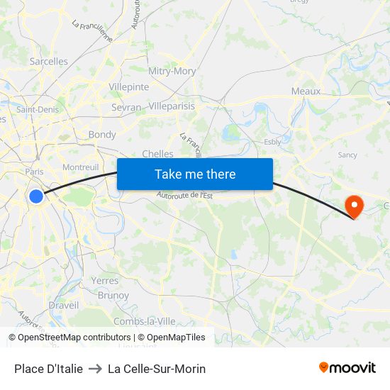 Place D'Italie to La Celle-Sur-Morin map