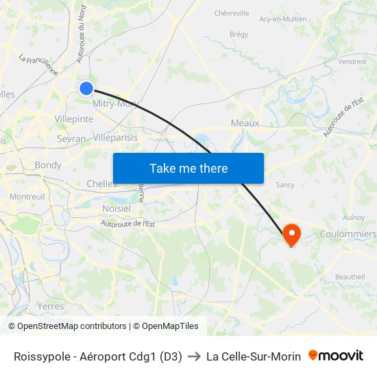 Roissypole - Aéroport Cdg1 (D3) to La Celle-Sur-Morin map