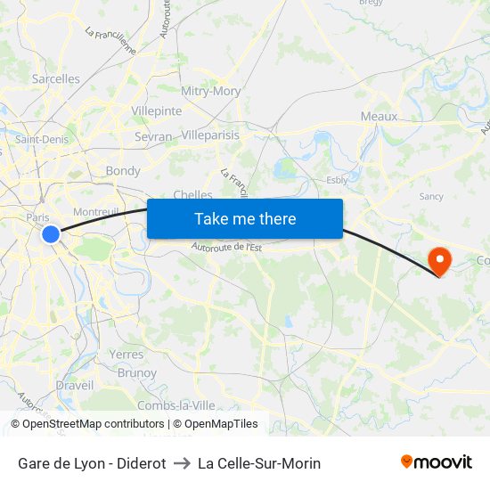 Gare de Lyon - Diderot to La Celle-Sur-Morin map