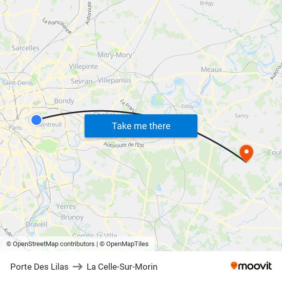 Porte Des Lilas to La Celle-Sur-Morin map