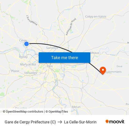 Gare de Cergy Préfecture (C) to La Celle-Sur-Morin map