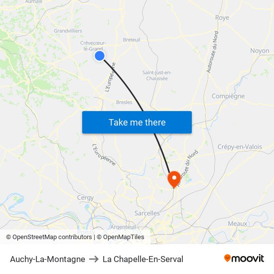Auchy-La-Montagne to La Chapelle-En-Serval map
