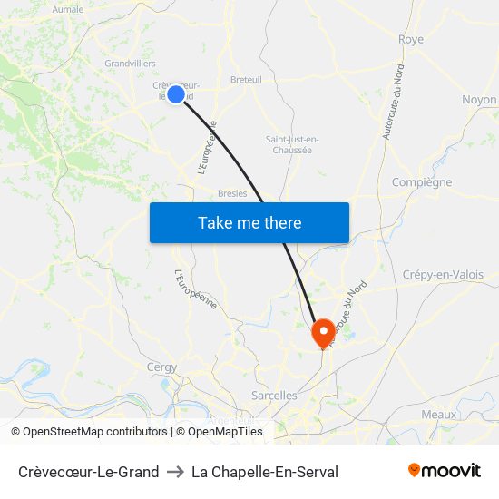 Crèvecœur-Le-Grand to La Chapelle-En-Serval map