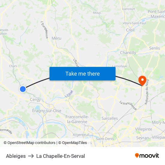 Ableiges to La Chapelle-En-Serval map