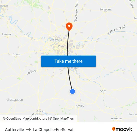 Aufferville to La Chapelle-En-Serval map