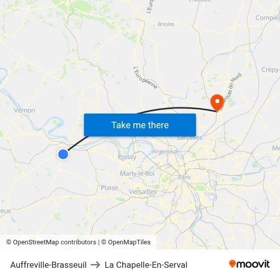 Auffreville-Brasseuil to La Chapelle-En-Serval map