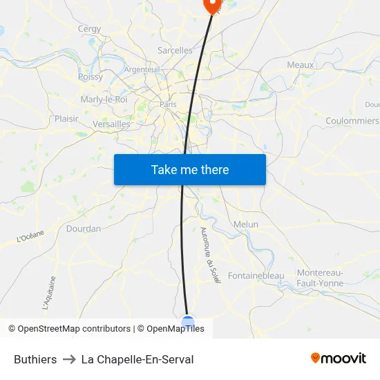 Buthiers to La Chapelle-En-Serval map