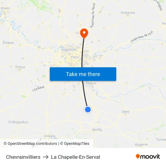 Chevrainvilliers to La Chapelle-En-Serval map