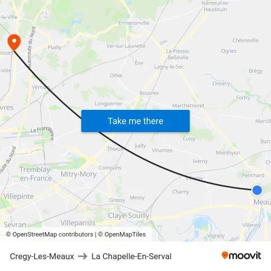 Cregy-Les-Meaux to La Chapelle-En-Serval map
