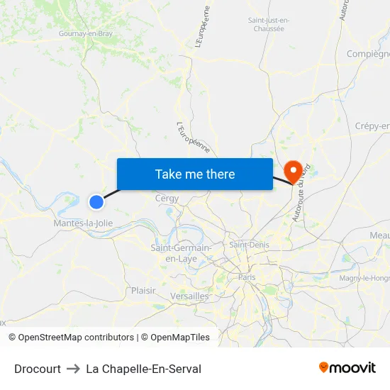 Drocourt to La Chapelle-En-Serval map