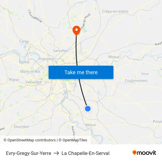 Evry-Gregy-Sur-Yerre to La Chapelle-En-Serval map