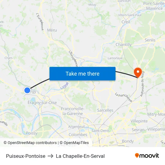 Puiseux-Pontoise to La Chapelle-En-Serval map