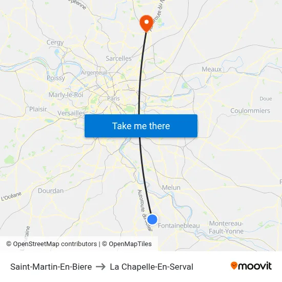 Saint-Martin-En-Biere to La Chapelle-En-Serval map