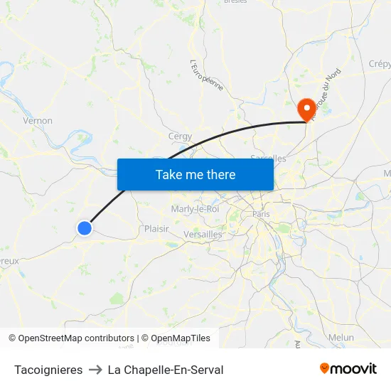 Tacoignieres to La Chapelle-En-Serval map