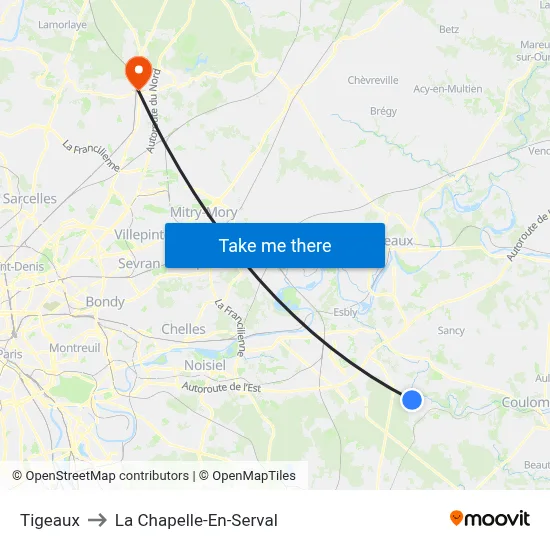 Tigeaux to La Chapelle-En-Serval map