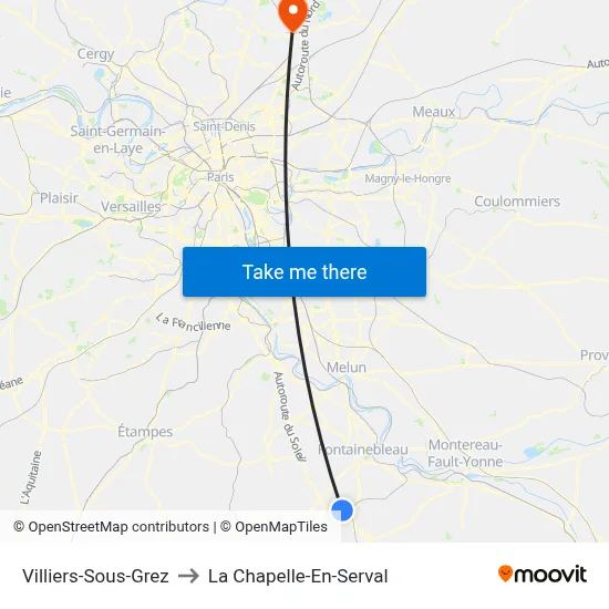Villiers-Sous-Grez to La Chapelle-En-Serval map