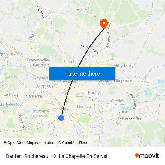 Denfert-Rochereau to La Chapelle-En-Serval map