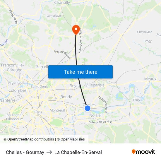 Chelles - Gournay to La Chapelle-En-Serval map