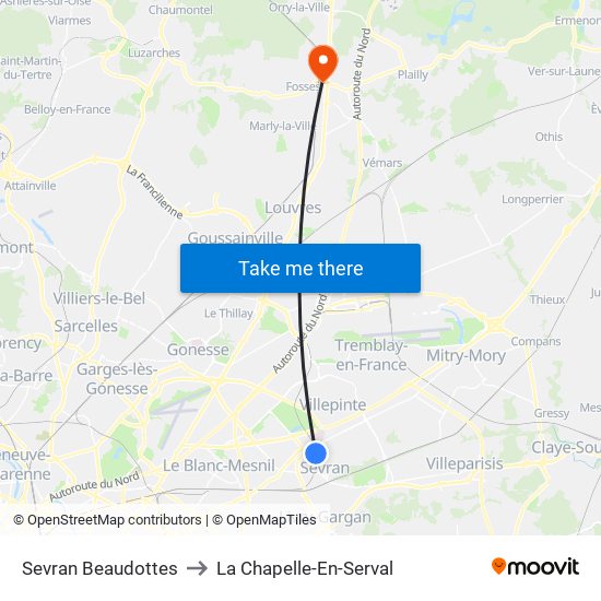 Sevran Beaudottes to La Chapelle-En-Serval map