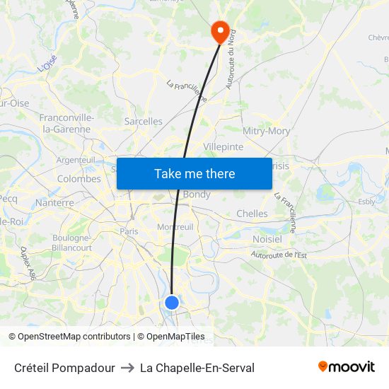 Créteil Pompadour to La Chapelle-En-Serval map