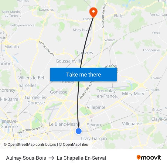 Aulnay-Sous-Bois to La Chapelle-En-Serval map
