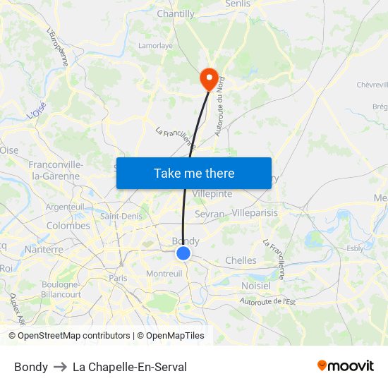 Bondy to La Chapelle-En-Serval map