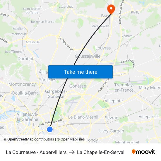 La Courneuve - Aubervilliers to La Chapelle-En-Serval map