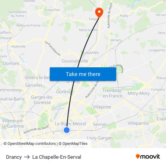 Drancy to La Chapelle-En-Serval map