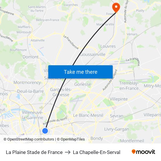 La Plaine Stade de France to La Chapelle-En-Serval map