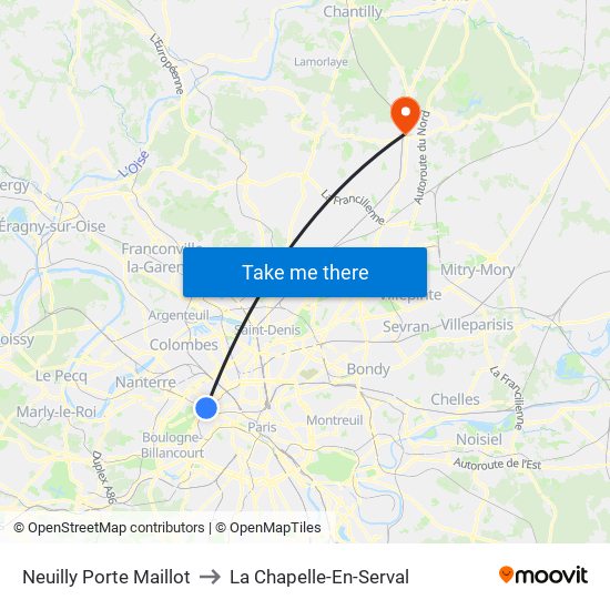 Neuilly Porte Maillot to La Chapelle-En-Serval map