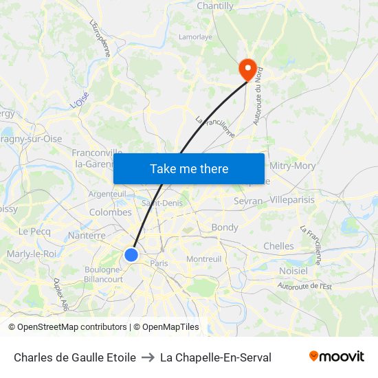 Charles de Gaulle Etoile to La Chapelle-En-Serval map