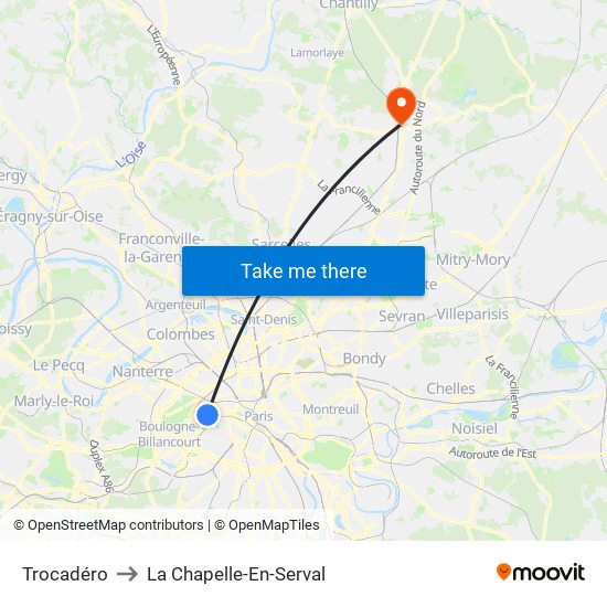 Trocadéro to La Chapelle-En-Serval map