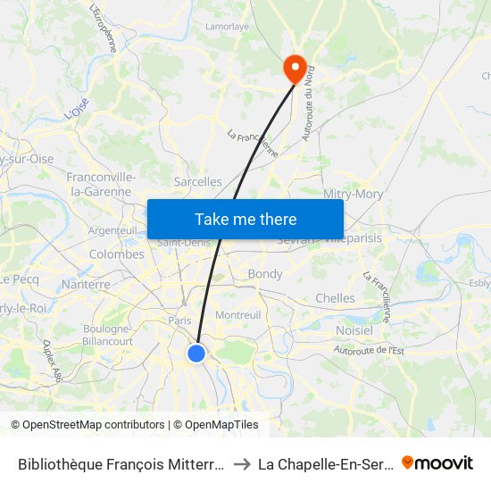 Bibliothèque François Mitterrand to La Chapelle-En-Serval map