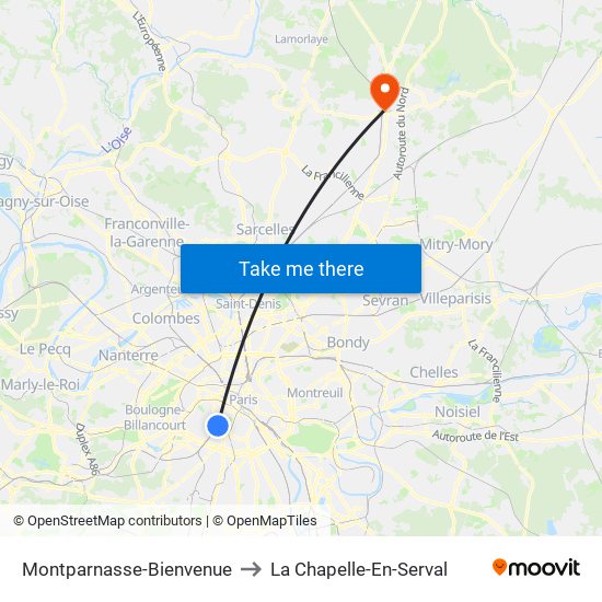 Montparnasse-Bienvenue to La Chapelle-En-Serval map