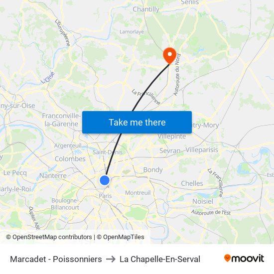 Marcadet - Poissonniers to La Chapelle-En-Serval map