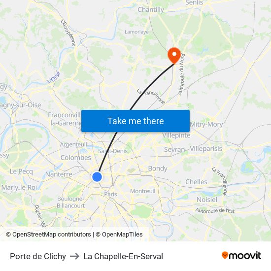 Porte de Clichy to La Chapelle-En-Serval map