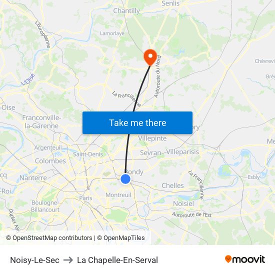 Noisy-Le-Sec to La Chapelle-En-Serval map