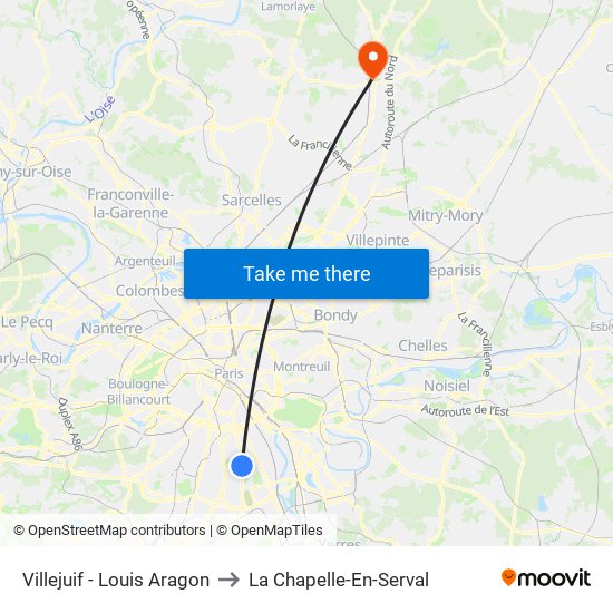 Villejuif - Louis Aragon to La Chapelle-En-Serval map