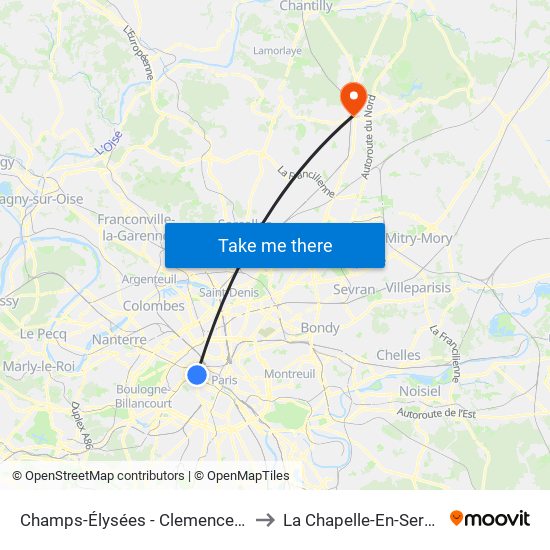 Champs-Élysées - Clemenceau to La Chapelle-En-Serval map
